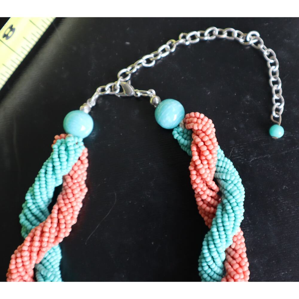 Vintage Turquoise Coral Seed Bead Torsade Twist Straight Necklace Southwest Boho - Picture 4 of 5